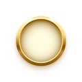 White button in round gold frame vector illustration. 3d realistic shiny metal golden circle ring on push click button Royalty Free Stock Photo