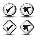 White buttons with black simple check mark symbols, square and circle buttons