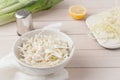 White cabbage cole slaw in white bowl Royalty Free Stock Photo