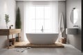 house contemporary luxury wood home white architecture interior modern bathtub bathroom. Generative AI. Royalty Free Stock Photo