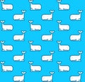 White cachalot seamless pattern. White small baby whales on blue background.