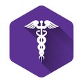 White Caduceus medical symbol icon isolated with long shadow. Medicine and health care concept. Emblem for drugstore or