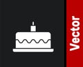 White Cake with burning candles icon isolated on black background. Happy Birthday. Vector Royalty Free Stock Photo