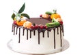 White cake drenched in chocolate and decorated with berries on an isolated white background.