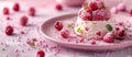 White Cake With Raspberries on Pink Plate