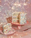 White Cake With Sprinkles on Pink Plate
