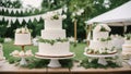 white cake Three white wedding cakes with different tiers and shapes on a long table. Outdoor party Royalty Free Stock Photo