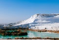 White calcium limestone landscape and thermal pool in Pamukkale, Denizili, Turkey Royalty Free Stock Photo