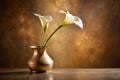 White Calla Lily in Golden Vase Against Soft Brown Backdrop Royalty Free Stock Photo
