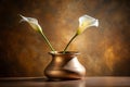 White Calla Lily in Golden Vase Against Soft Brown Backdrop Royalty Free Stock Photo