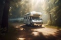White camper van with sunlight and trees in forest created using generative ai technology Royalty Free Stock Photo
