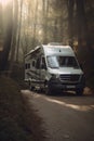 White camper van with sunlight and trees in forest created using generative ai technology Royalty Free Stock Photo