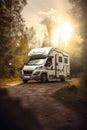 White camper van with sunlight and trees in forest created using generative ai technology Royalty Free Stock Photo