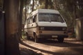 White camper van with trees in the background in forest created using generative ai technology Royalty Free Stock Photo