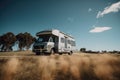 White camper van with trees and sky in the background created using generative ai technology Royalty Free Stock Photo