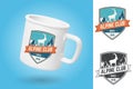 White camping cup. Realistic mug mockup template with sample design. Alpine club badge. Vector. Vintage typography