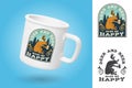 White camping cup. Realistic mug mockup template with sample design. Deer and beer make me happy. Vector. Vintage