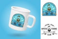 White camping cup. Realistic mug mockup template with sample design. Hipster fishing club patch. Vector illustration