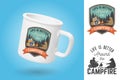 White camping cup. Realistic mug mockup template with sample design. Life is better around the campfire. Vector. Vintage Royalty Free Stock Photo