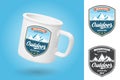 White camping cup. Realistic mug mockup template with sample design. Mountain expedition badge. Vector illustration Royalty Free Stock Photo