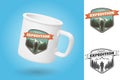 White camping cup. Realistic mug mockup template with sample design. Outdoor expedition patch. Vector. Design with hiker