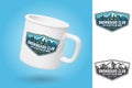 White camping cup. Realistic mug mockup template with sample design. Snowboard Club patch. Vector. Concept for shirt
