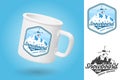 White camping cup. Realistic mug mockup template with sample design. Snowboard Club patch. Vector. Design with snowboard