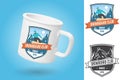 White camping cup. Realistic mug mockup template with sample design. Snowboard Club. Vector. Concept for shirt, print