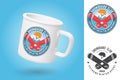 White camping cup. Realistic mug mockup template with sample design. Snowboard Club. Vector. Design with snowboard and