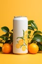 White can with oranges print surrounded by fresh oranges for professional product photography