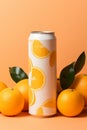 White can with oranges print surrounded by fresh oranges for professional product photography