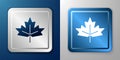 White Canadian maple leaf icon isolated on blue and grey background. Canada symbol maple leaf. Silver and blue square Royalty Free Stock Photo