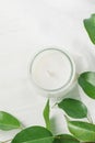 White Candle in Glass Jar Ficus Tree Branch with Young Fresh Green Leaves on White Wood Background. Styled Stock Photo Royalty Free Stock Photo