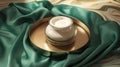 a white candle sitting on top of a gold plate on a green cloth