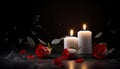 White candles lit with red rose flowers on dark background Royalty Free Stock Photo