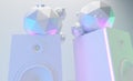 White candy-neon audio loudspeakers standing on white background with pastel colors