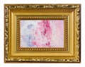 White canvas is grounded of red and blue colosr by oil paint in golden frame macro