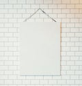 White canvas hanging on the wall decorated with white tiles. 3D