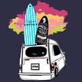 White car on blue background. Travel with a surfing boards. California dreams