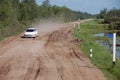 White car at gravel road Kolyma highway at Yakutia