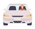 White Car with Male Driver, Front View Vector Illustration