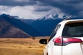 White car in mountanious Peru Royalty Free Stock Photo