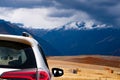 White car in mountanious Peru Royalty Free Stock Photo