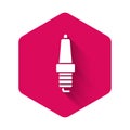 White Car spark plug icon isolated with long shadow background. Car electric candle. Pink hexagon button. Vector