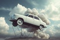 White car surrealistic lifting in the clouds. Generate ai