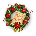 White card with Christmas wreath and bow Royalty Free Stock Photo