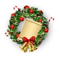 White card with Christmas wreath and bow Royalty Free Stock Photo