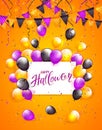 Happy Halloween on card with balloons and confetti on orange background