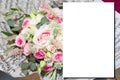 White card mockup with roses Empty white paper blank on flowers music background wedding mock up