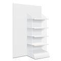 White Cardboard Floor Display Rack For Supermarket Blank Empty Displays. Shelves And Banner Products Mock Up Isolated.